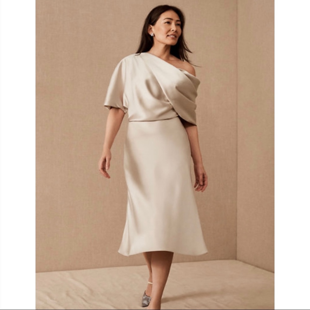 NWT Amsale Draped Satin Off-the-Shoulder Midi Dress